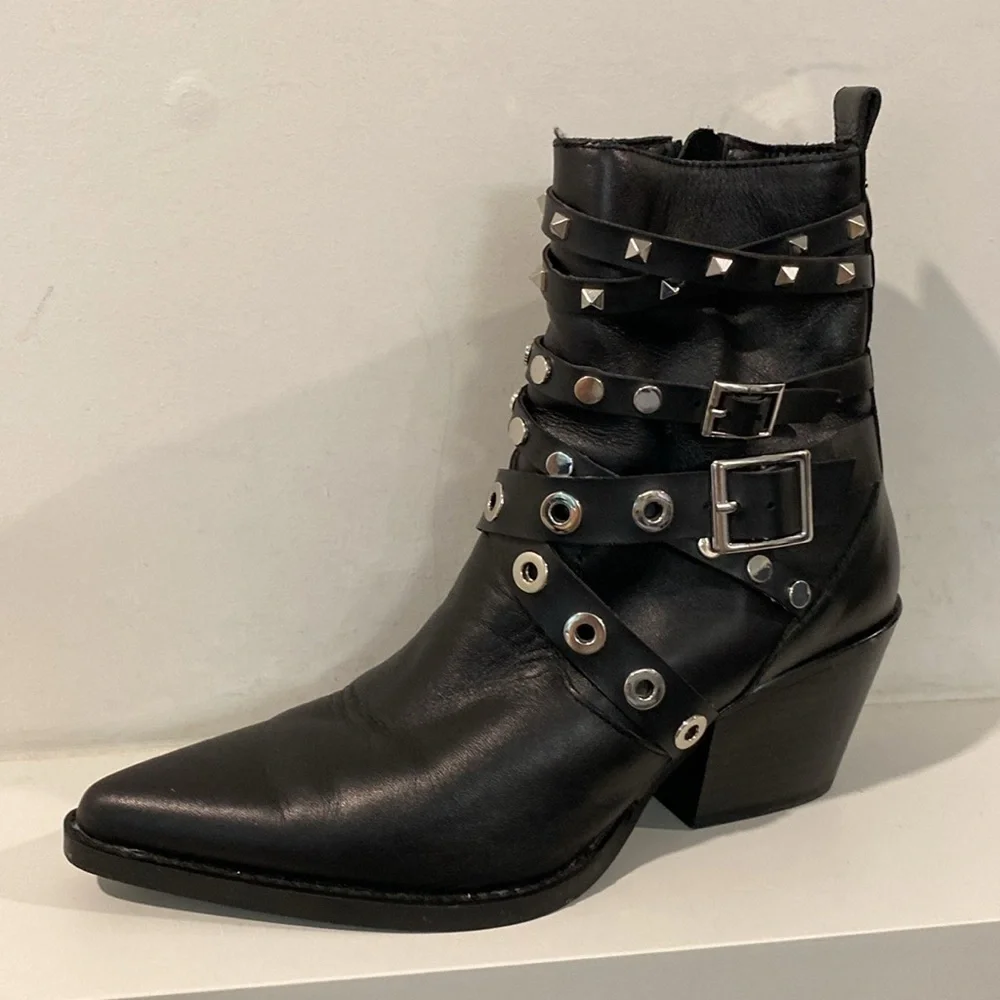 Zara Black Studded Leather Heeled Ankle Size 6 - Picture 2 of 14